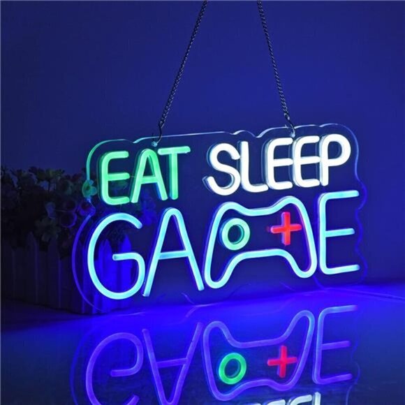 Game Room Decor EAT SLEEP GAME LED Neon Sign Bar Man Cave Bedroom Art Gaming NEW
